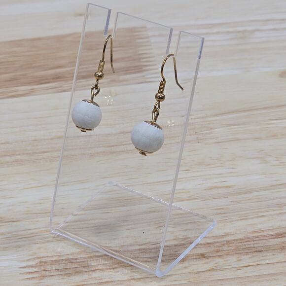 Joan Vass New York Semi-Precious Drop Earrings Round Cream Ball - Picture 7 of 8